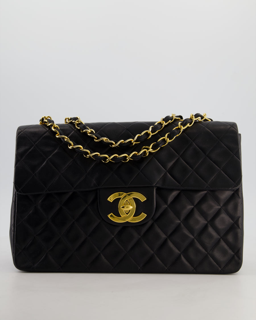 *STUNNING CONDITION* Chanel Vintage Black XL Jumbo Single Classic Flap Bag in Lambskin Leather with 24K Gold Hardware