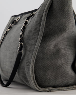 Chanel Grey Black Small Canvas Deauville Tote Bag with Silver Hardware
