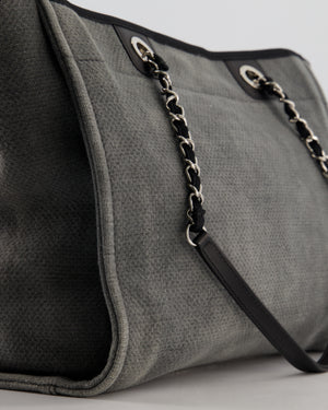 Chanel Grey Black Small Canvas Deauville Tote Bag with Silver Hardware