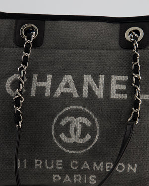 Chanel Grey Black Small Canvas Deauville Tote Bag with Silver Hardware
