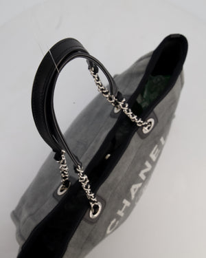 Chanel Grey Black Small Canvas Deauville Tote Bag with Silver Hardware