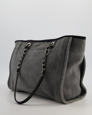 Chanel Grey Black Small Canvas Deauville Tote Bag with Silver Hardware