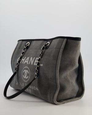Chanel Grey Black Small Canvas Deauville Tote Bag with Silver Hardware