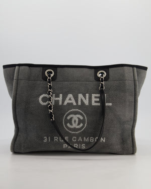 Chanel Grey Black Small Canvas Deauville Tote Bag with Silver Hardware