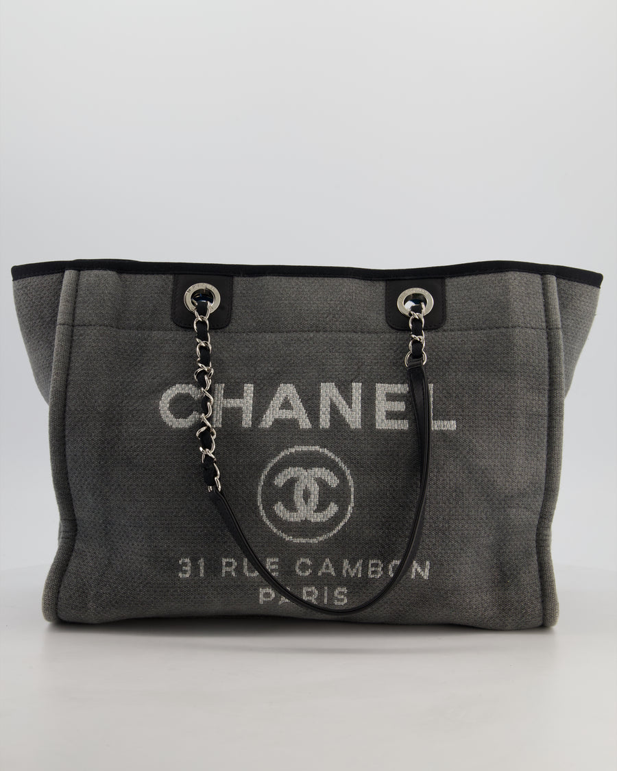 Chanel Grey Black Small Canvas Deauville Tote Bag with Silver Hardware