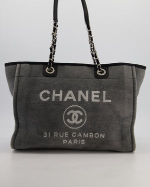 Chanel Grey Black Small Canvas Deauville Tote Bag with Silver Hardware