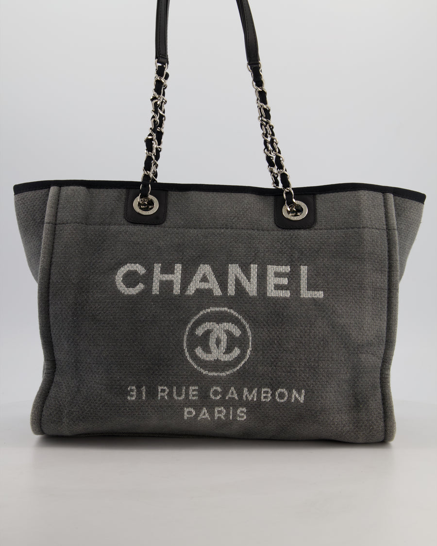 Chanel Grey Black Small Canvas Deauville Tote Bag with Silver Hardware
