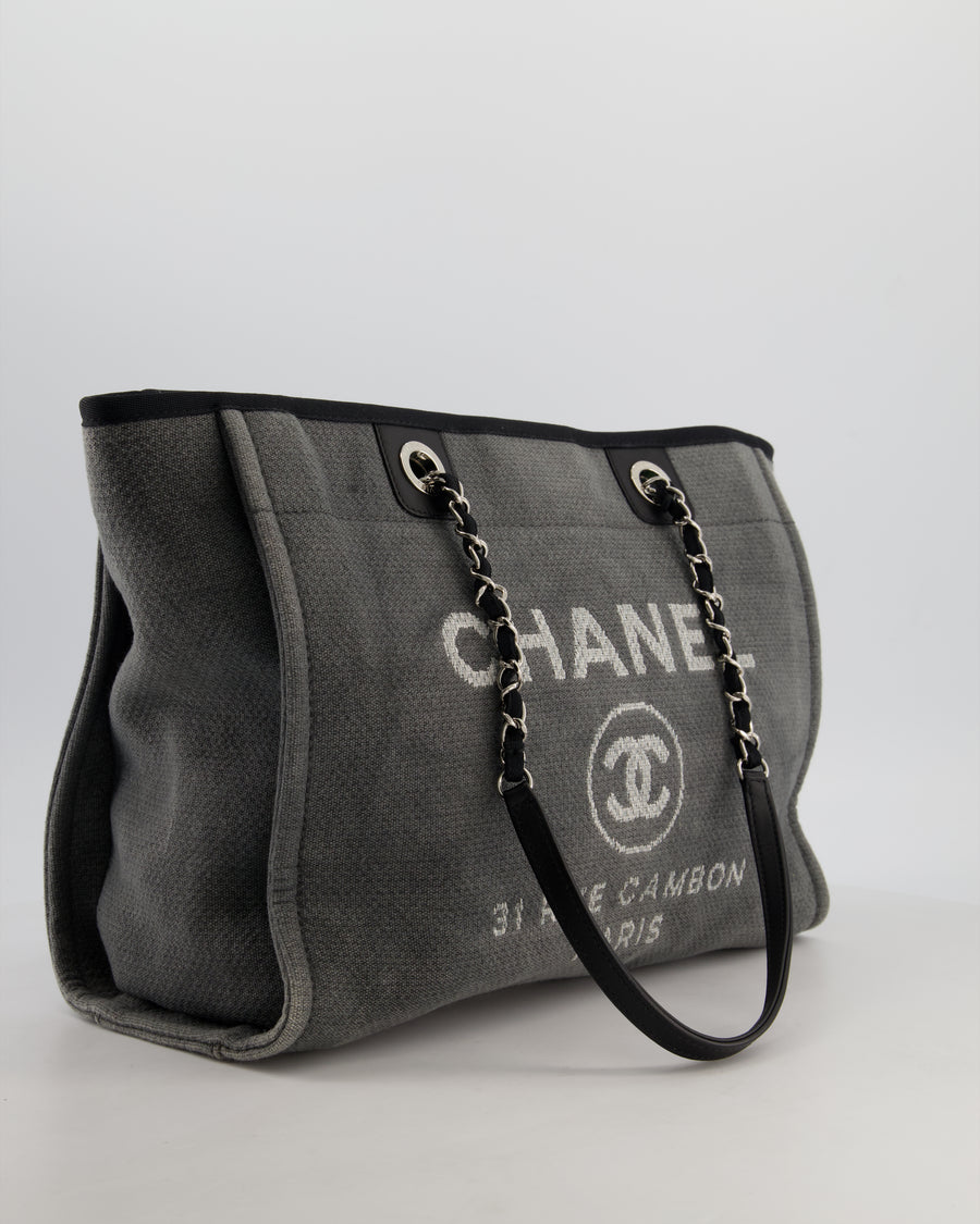Chanel Grey Black Small Canvas Deauville Tote Bag with Silver Hardware