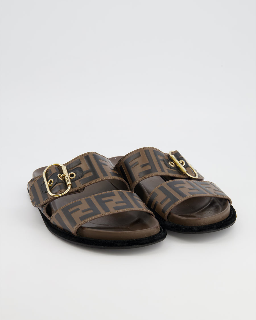 Fendi Brown FF Monogram Sandal with Velvet Trim & Gold Buckle Detail Size EU 36 RRP £790