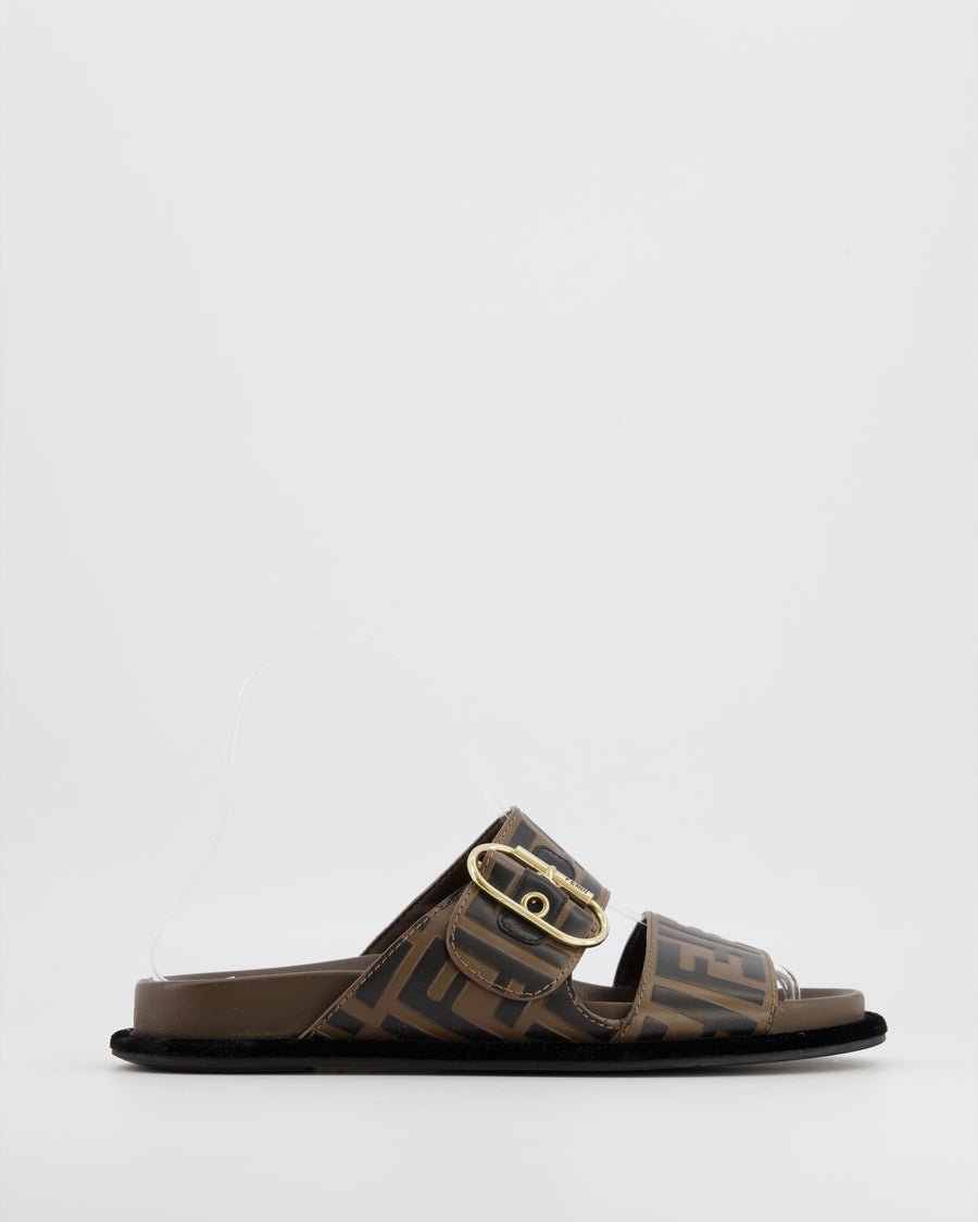 Fendi Brown FF Monogram Sandal with Velvet Trim & Gold Buckle Detail Size EU 36 RRP £790