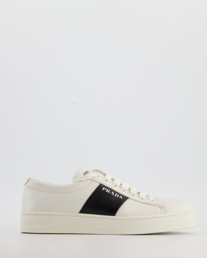 Prada White Laced Leather Trainers with Black Stripe Logo Size EU 36