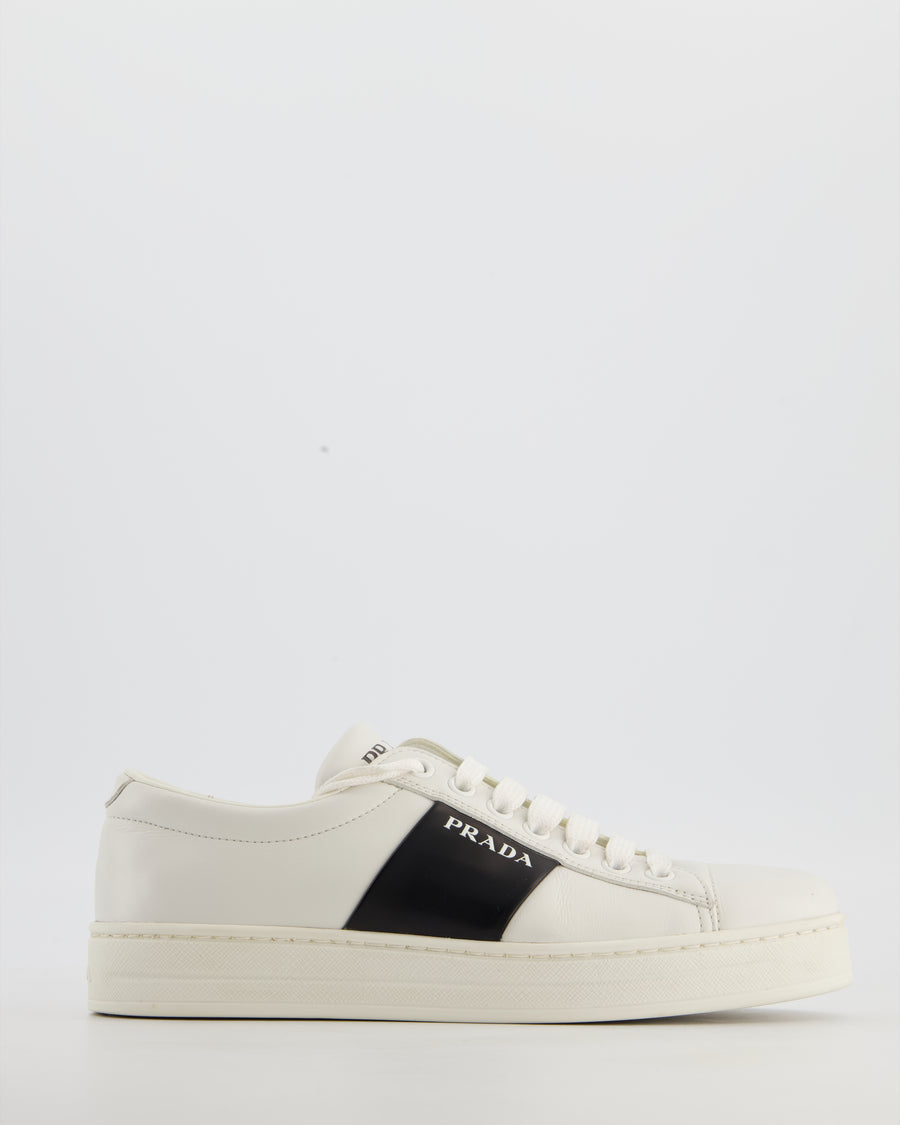 Prada White Laced Leather Trainers with Black Stripe Logo Size EU 36