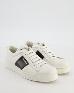 Prada White Laced Leather Trainers with Black Stripe Logo Size EU 36