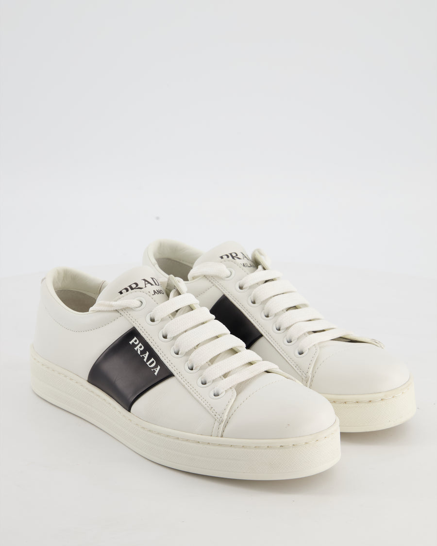 Prada White Laced Leather Trainers with Black Stripe Logo Size EU 36