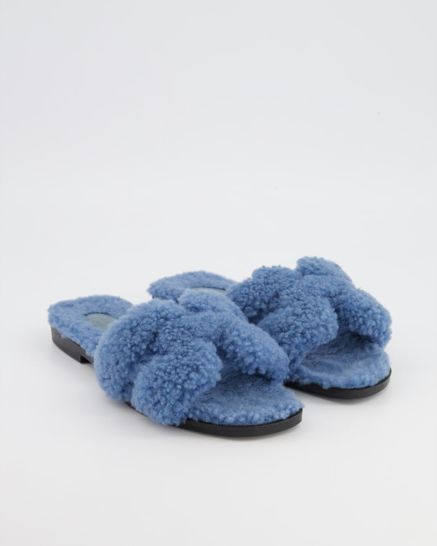 Hermès Blue Shearling Teddy Oran Sandals Size EU 37