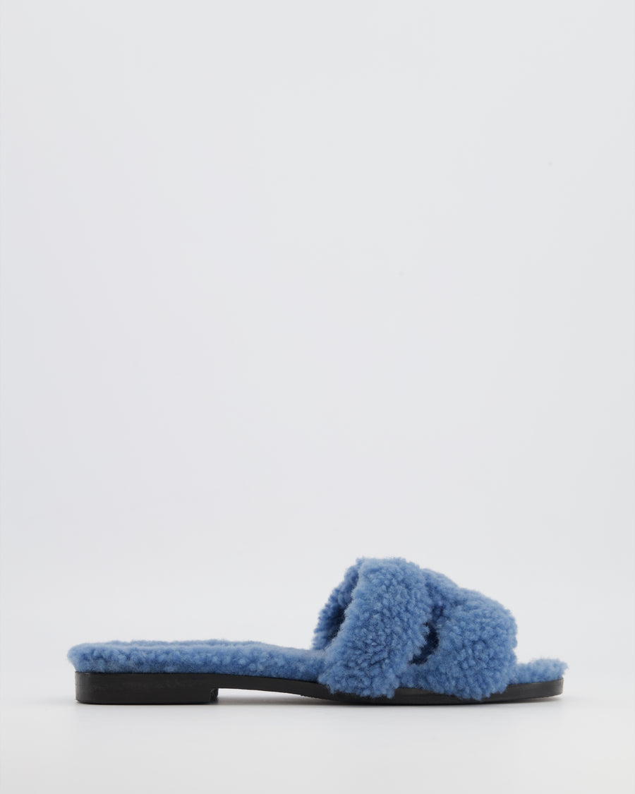 Hermès Blue Shearling Teddy Oran Sandals Size EU 37