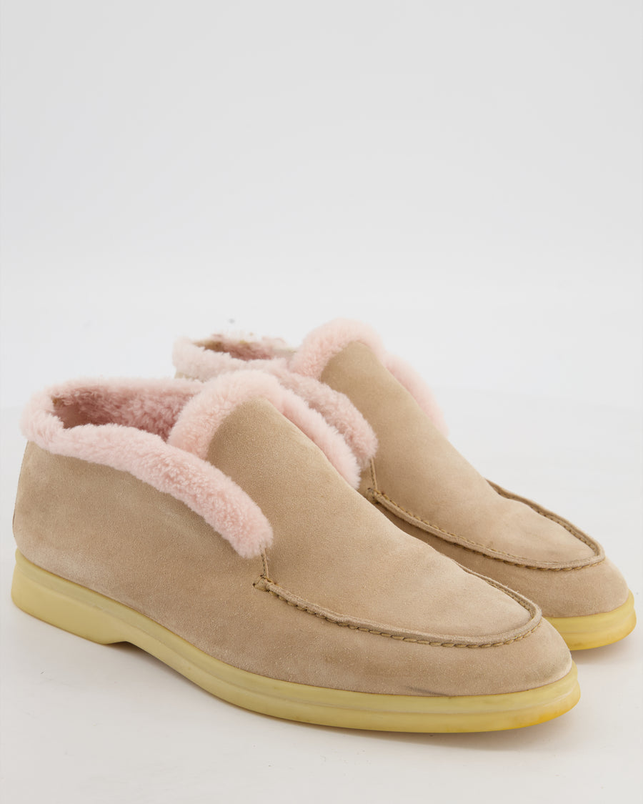 Loro Piana Beige Suede Open Walks with Light Pink Shearling Size EU 39