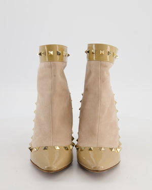 Valentino Beige Patent and Suede Rockstud Ankle Boots Shoes Size EU 38.5