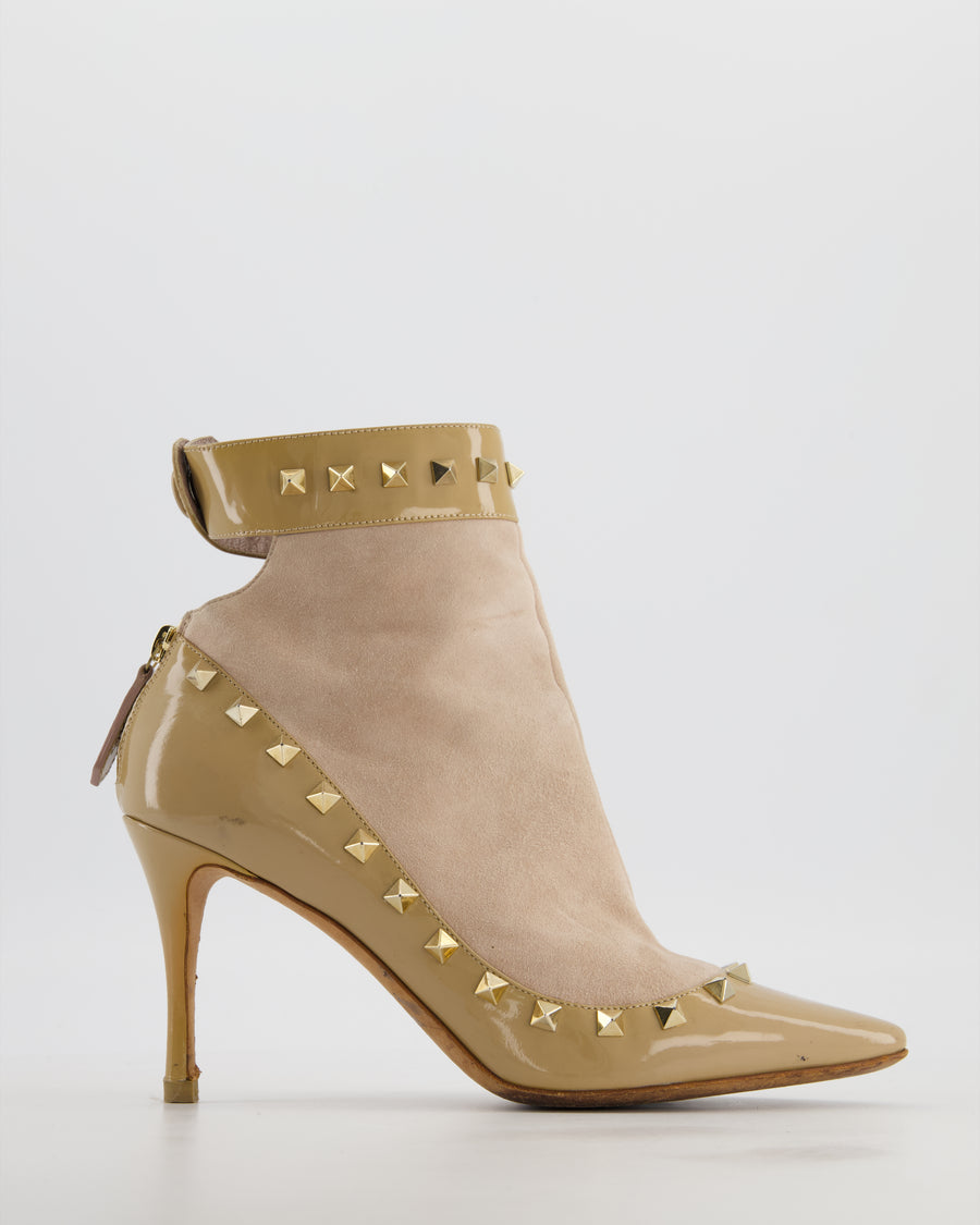 Valentino Beige Patent and Suede Rockstud Ankle Boots Shoes Size EU 38.5