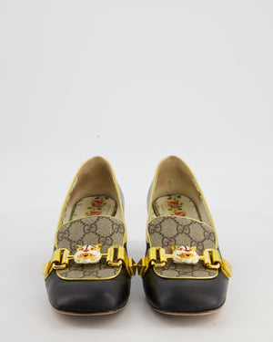 Gucci Malaga Black Leather Pumps with Tiger Head Buckle and GG Supreme Canvas Detail Size EU 38