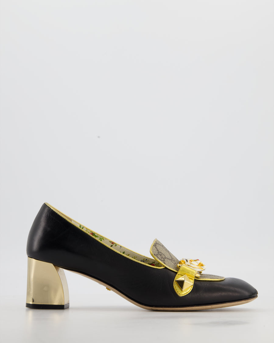 Gucci Malaga Black Leather Pumps with Tiger Head Buckle and GG Supreme Canvas Detail Size EU 38