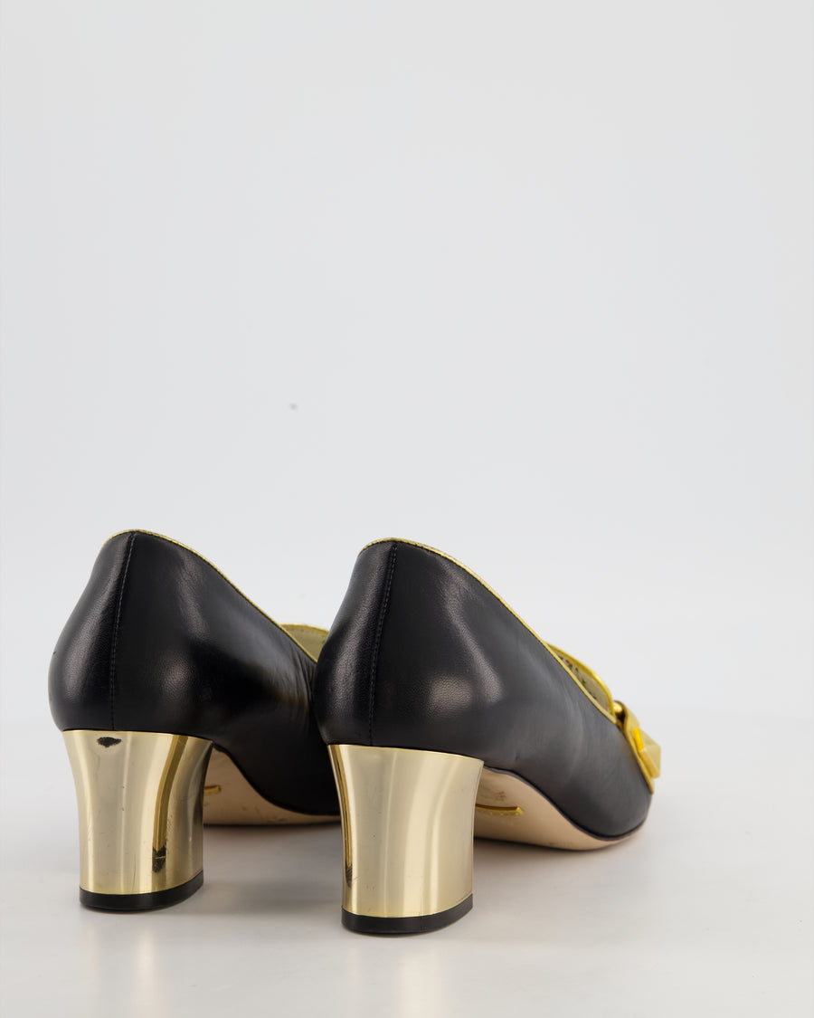 Gucci Malaga Black Leather Pumps with Tiger Head Buckle and GG Supreme Canvas Detail Size EU 38