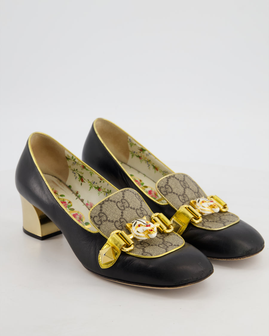 Gucci Malaga Black Leather Pumps with Tiger Head Buckle and GG Supreme Canvas Detail Size EU 38