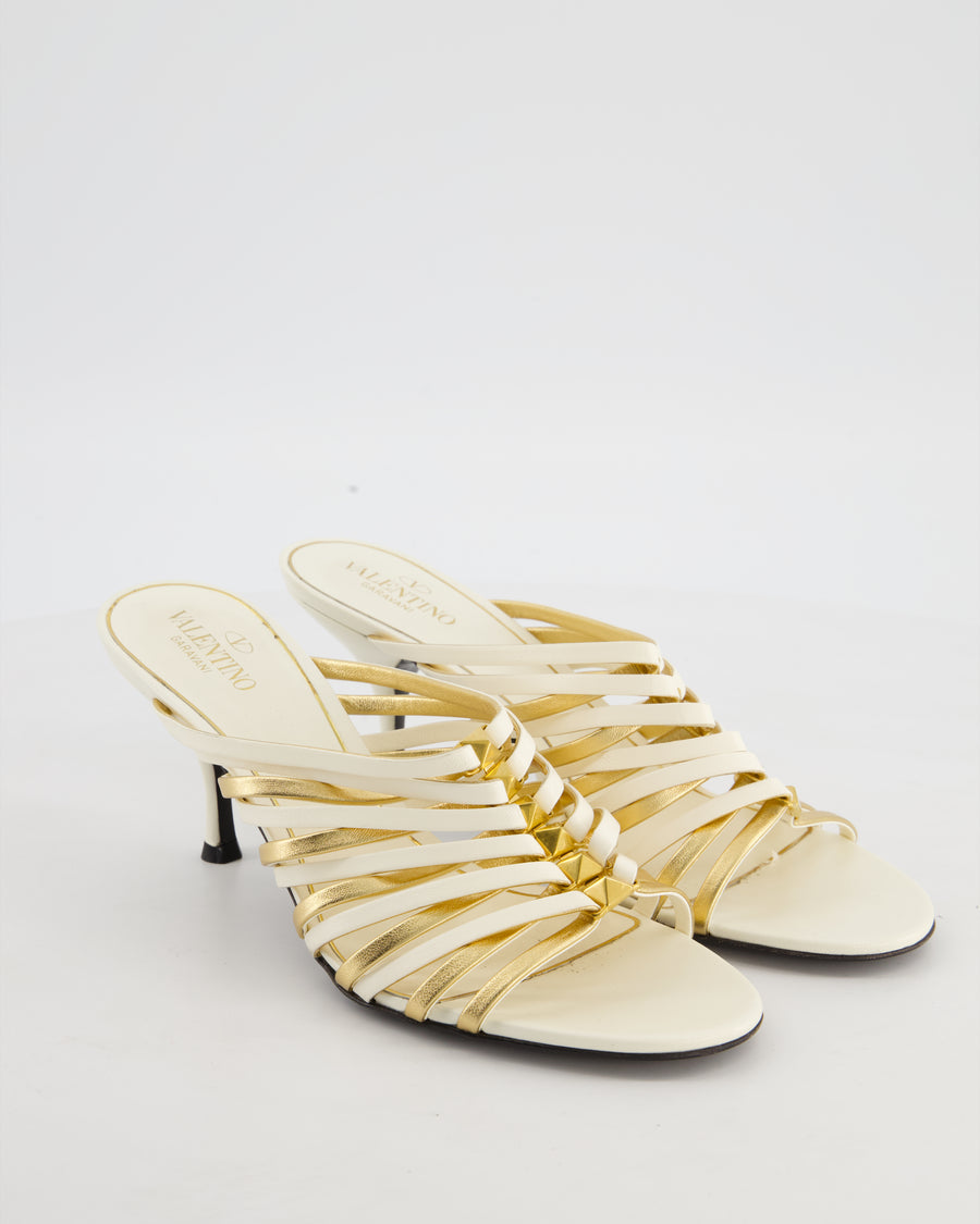 Valentino White and Gold Rockstud Caged Mules in Calf Leather Size EU 39