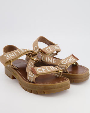 Celine Beige Leo Strappy Sandals with White Logo Embroideries and Gold Hardware Size EU 39
