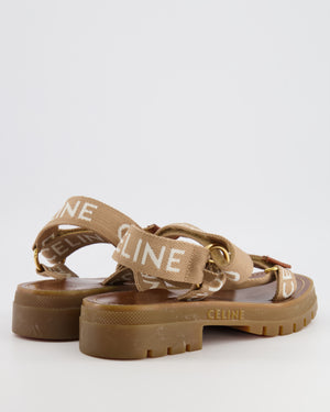 Celine Beige Leo Strappy Sandals with White Logo Embroideries and Gold Hardware Size EU 39