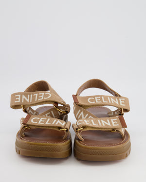 Celine Beige Leo Strappy Sandals with White Logo Embroideries and Gold Hardware Size EU 39