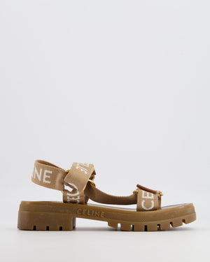 Celine Beige Leo Strappy Sandals with White Logo Embroideries and Gold Hardware Size EU 39