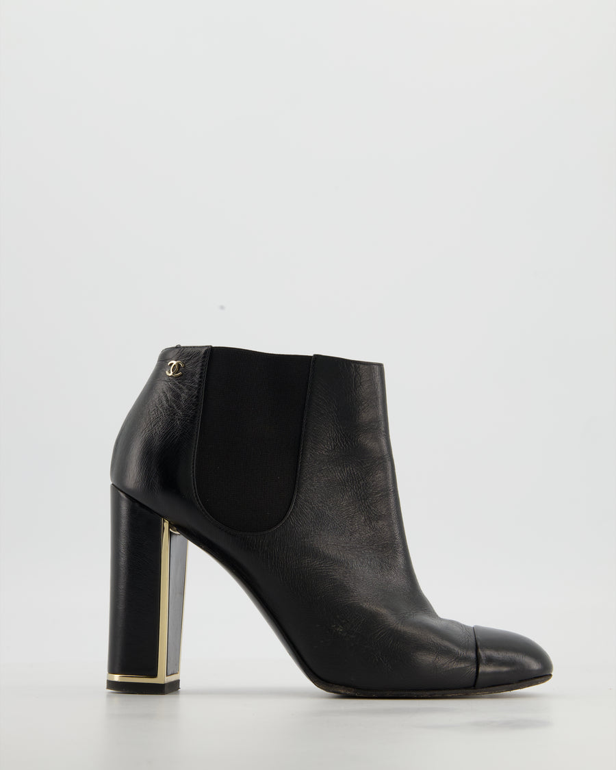 Chanel Black Leather Ankle Boots with CC Logo and Gold Heel Detail Size EU 38.5