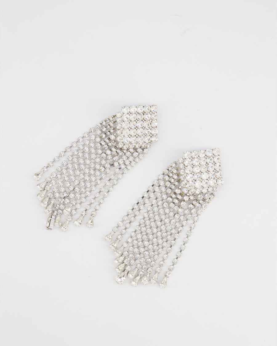 (DINA) Alessandra Rich Silver Square Cascade Crystal Clip-On Earrings