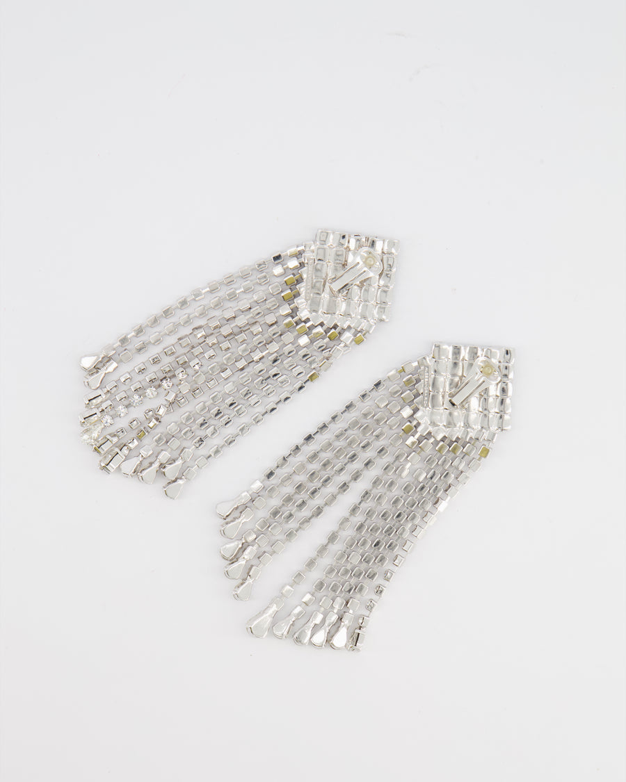 (DINA) Alessandra Rich Silver Square Cascade Crystal Clip-On Earrings