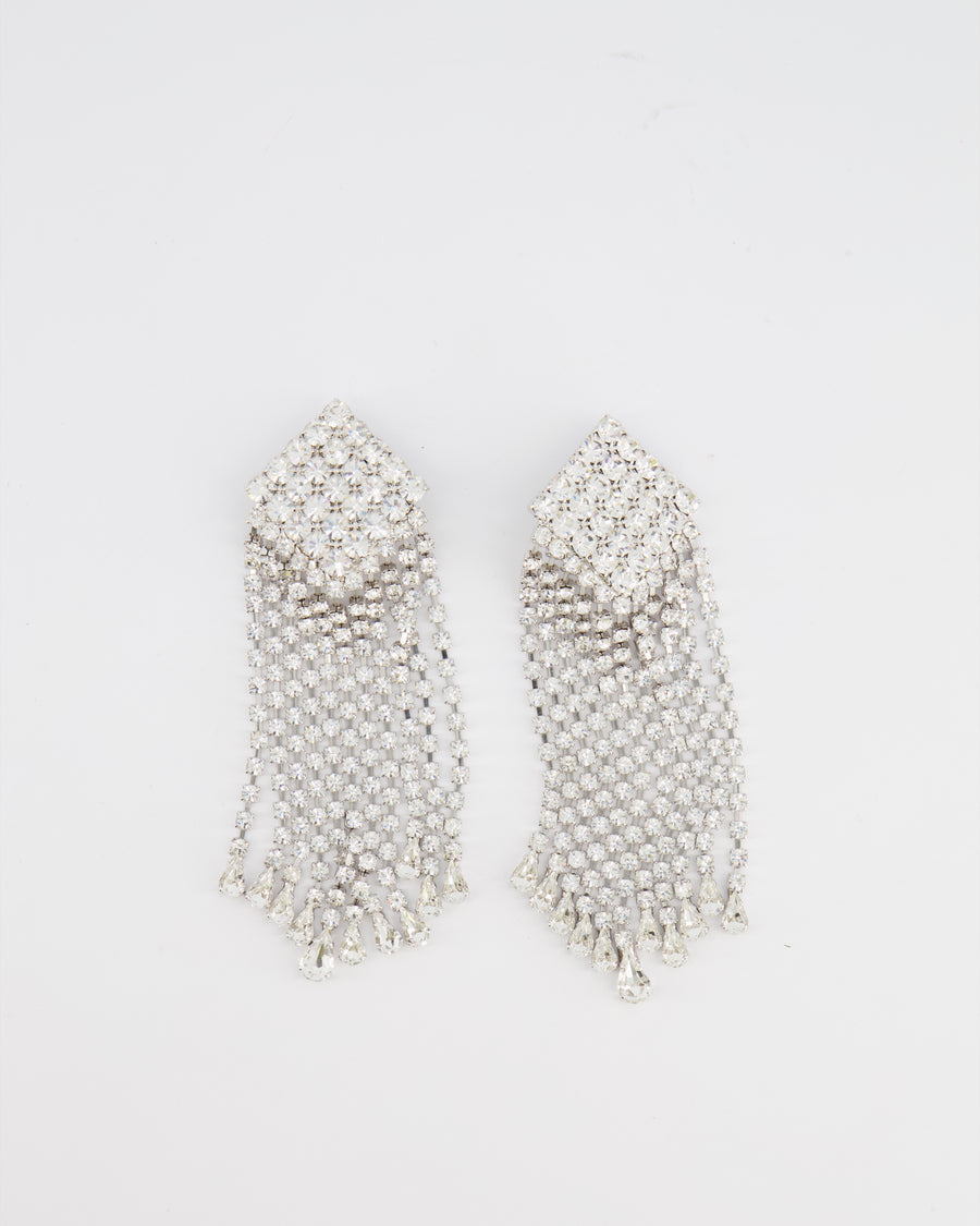 (DINA) Alessandra Rich Silver Square Cascade Crystal Clip-On Earrings