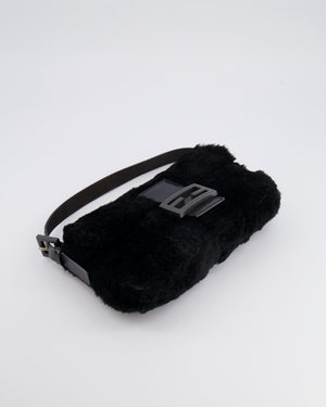Fendi Vintage Black Rabbit Fur Baguette Shoulder Bag with Black Leather Details