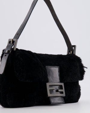 Fendi Vintage Black Rabbit Fur Baguette Shoulder Bag with Black Leather Details