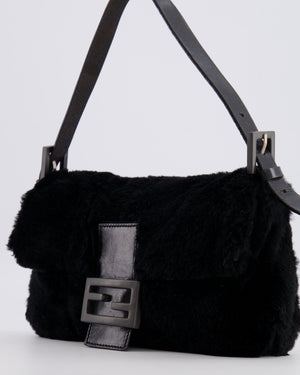 Fendi Vintage Black Rabbit Fur Baguette Shoulder Bag with Black Leather Details