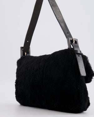 Fendi Vintage Black Rabbit Fur Baguette Shoulder Bag with Black Leather Details