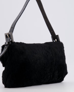 Fendi Vintage Black Rabbit Fur Baguette Shoulder Bag with Black Leather Details