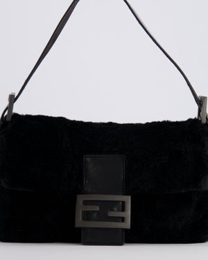 Fendi Vintage Black Rabbit Fur Baguette Shoulder Bag with Black Leather Details