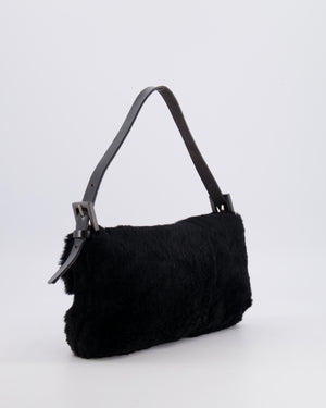 Fendi Vintage Black Rabbit Fur Baguette Shoulder Bag with Black Leather Details