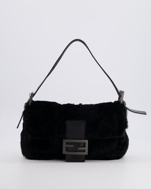 Fendi Vintage Black Rabbit Fur Baguette Shoulder Bag with Black Leather Details