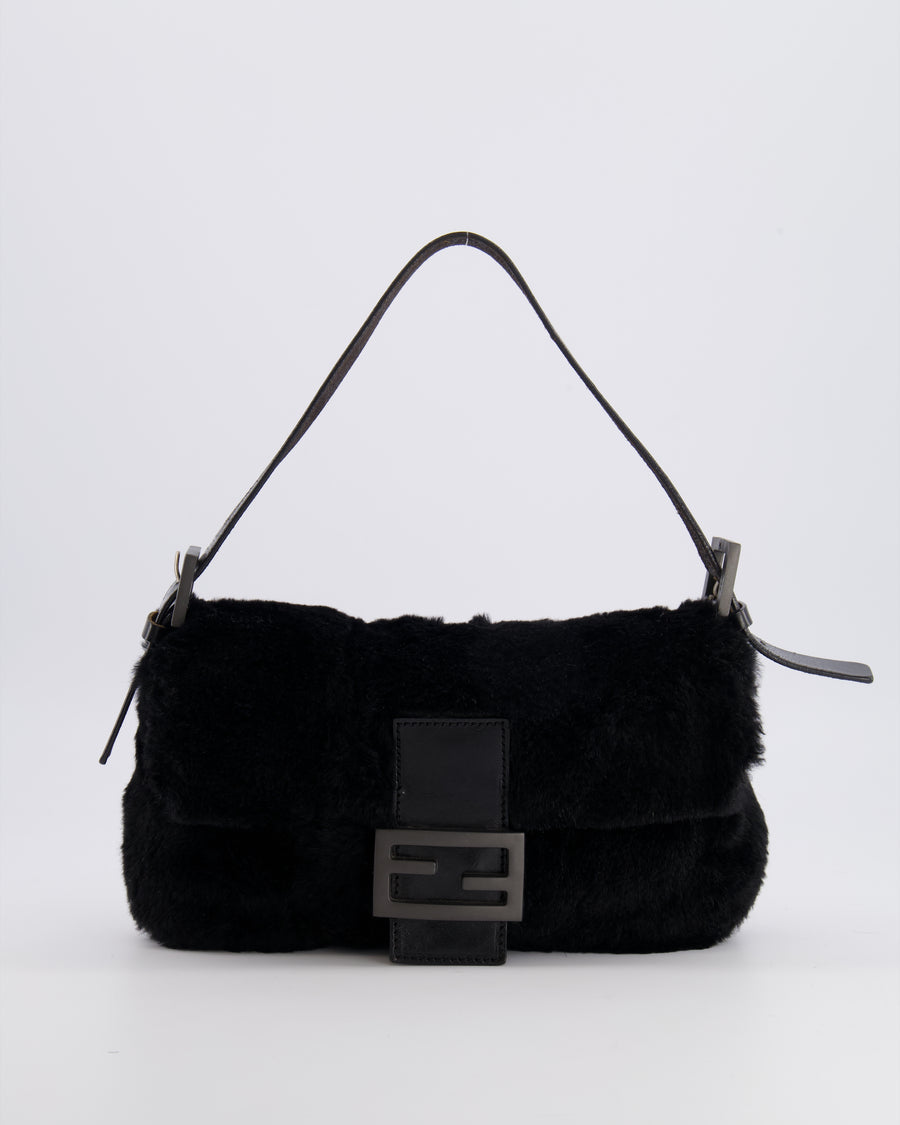 Fendi Vintage Black Rabbit Fur Baguette Shoulder Bag with Black Leather Details