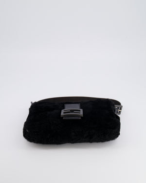 Fendi Vintage Black Rabbit Fur Baguette Shoulder Bag with Black Leather Details