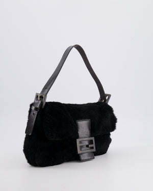 Fendi Vintage Black Rabbit Fur Baguette Shoulder Bag with Black Leather Details