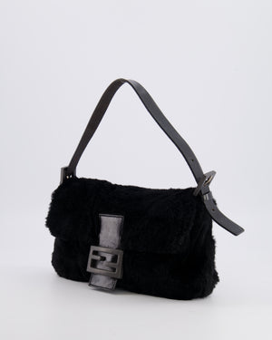 Fendi Vintage Black Rabbit Fur Baguette Shoulder Bag with Black Leather Details