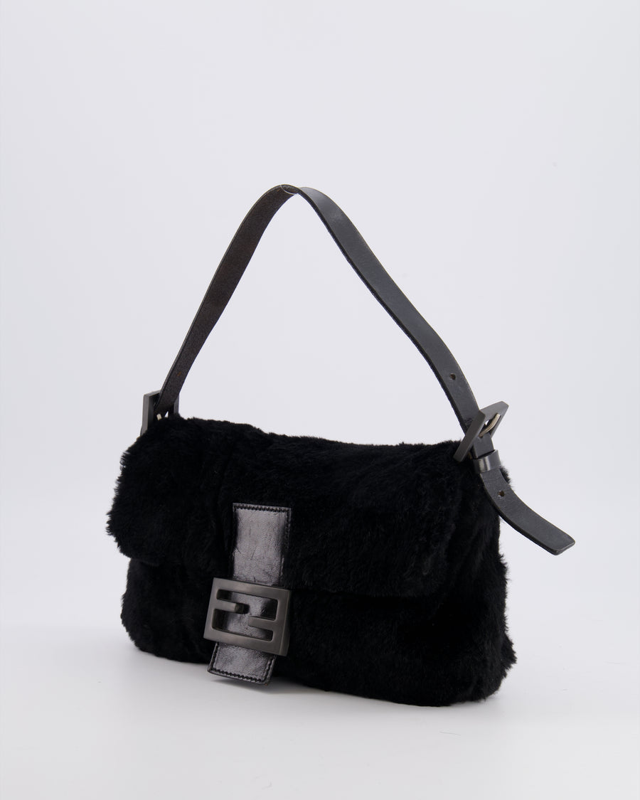 Fendi Vintage Black Rabbit Fur Baguette Shoulder Bag with Black Leather Details