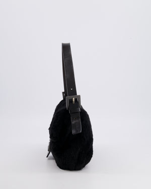Fendi Vintage Black Rabbit Fur Baguette Shoulder Bag with Black Leather Details